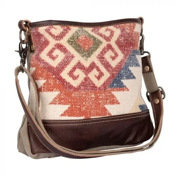 Myra Bag Handmade Thrill Shoulder Bag Upcycled Canvas & Cowhide Leather - Picture 3 of 5